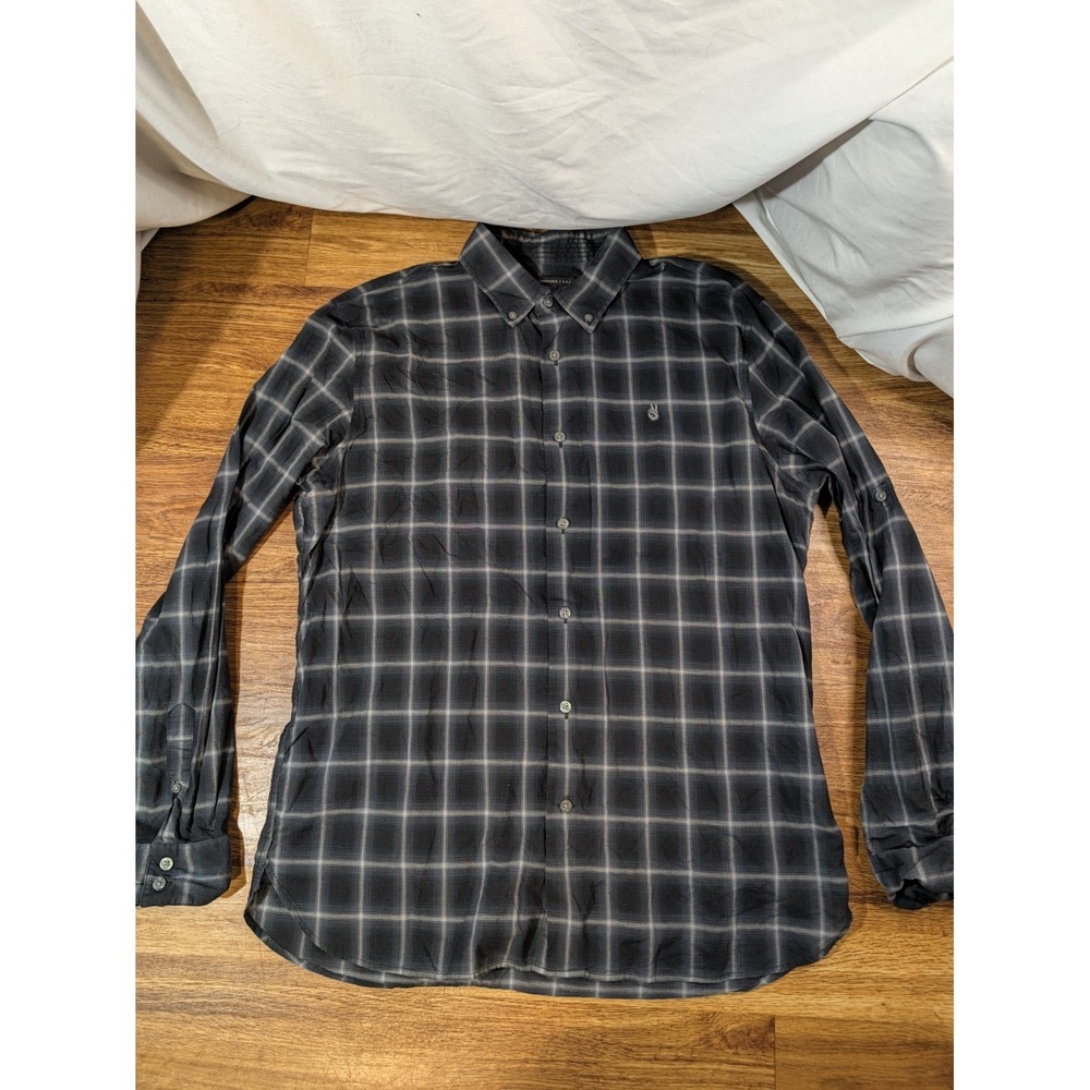 John Varvatos Long Sleeve Button Down Shirt Roll Tab Mens Lge Black Plaid Casual